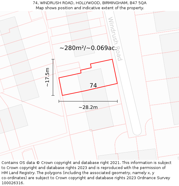 74, WINDRUSH ROAD, HOLLYWOOD, BIRMINGHAM, B47 5QA: Plot and title map