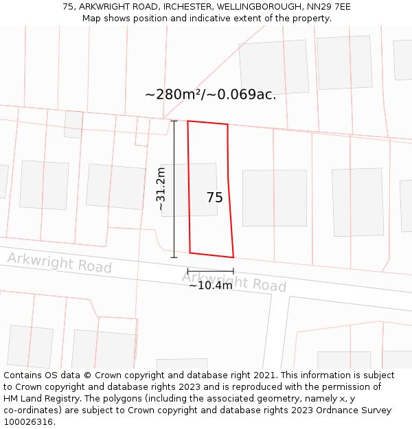 75, ARKWRIGHT ROAD, IRCHESTER, WELLINGBOROUGH, NN29 7EE: Plot and title map