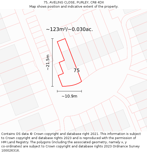 75, AVELING CLOSE, PURLEY, CR8 4DX: Plot and title map