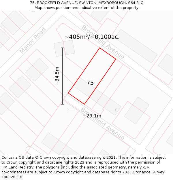 75, BROOKFIELD AVENUE, SWINTON, MEXBOROUGH, S64 8LQ: Plot and title map