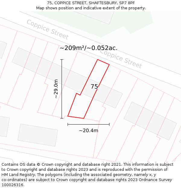 75, COPPICE STREET, SHAFTESBURY, SP7 8PF: Plot and title map