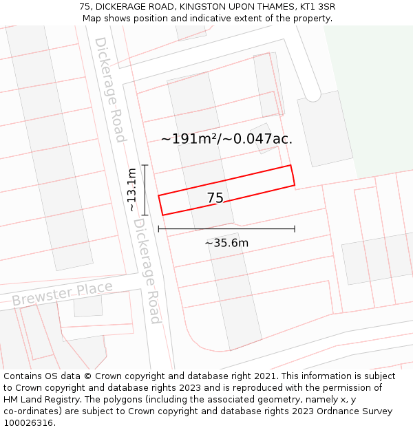 75, DICKERAGE ROAD, KINGSTON UPON THAMES, KT1 3SR: Plot and title map