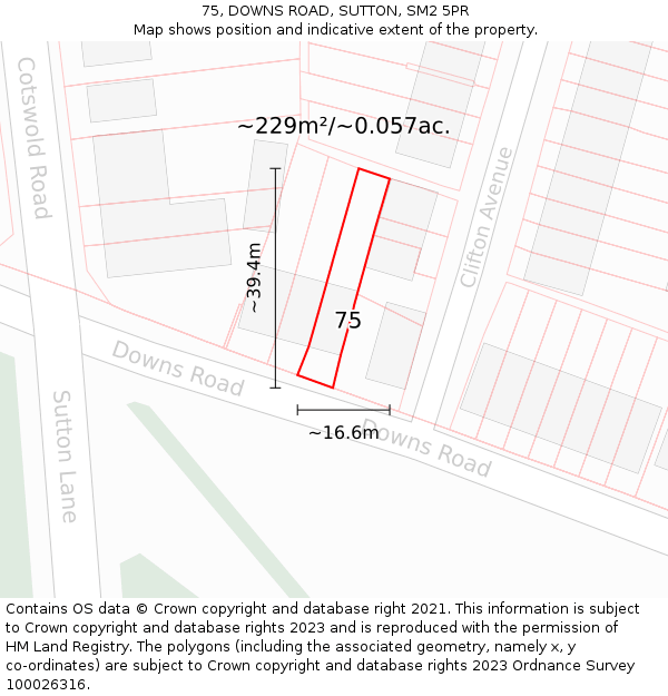 75, DOWNS ROAD, SUTTON, SM2 5PR: Plot and title map