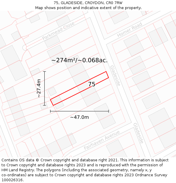 75, GLADESIDE, CROYDON, CR0 7RW: Plot and title map