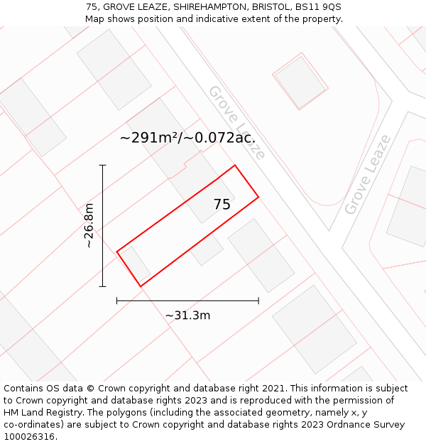 75, GROVE LEAZE, SHIREHAMPTON, BRISTOL, BS11 9QS: Plot and title map