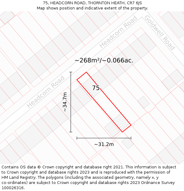75, HEADCORN ROAD, THORNTON HEATH, CR7 6JS: Plot and title map