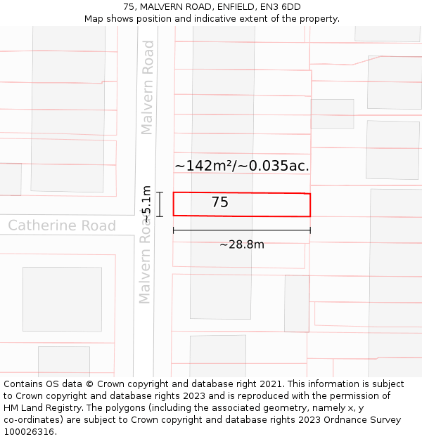 75, MALVERN ROAD, ENFIELD, EN3 6DD: Plot and title map