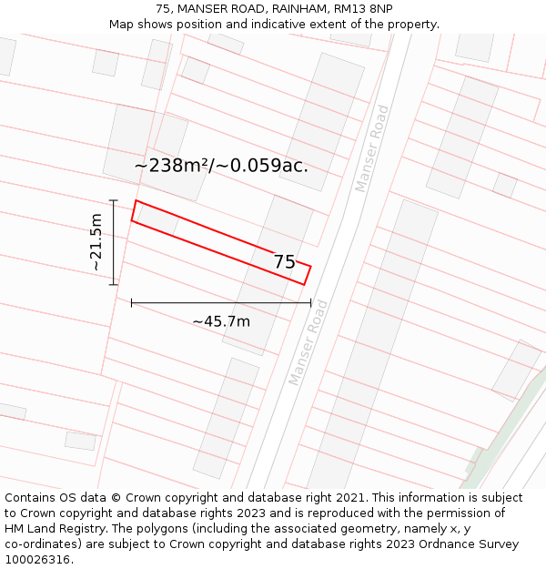 75, MANSER ROAD, RAINHAM, RM13 8NP: Plot and title map