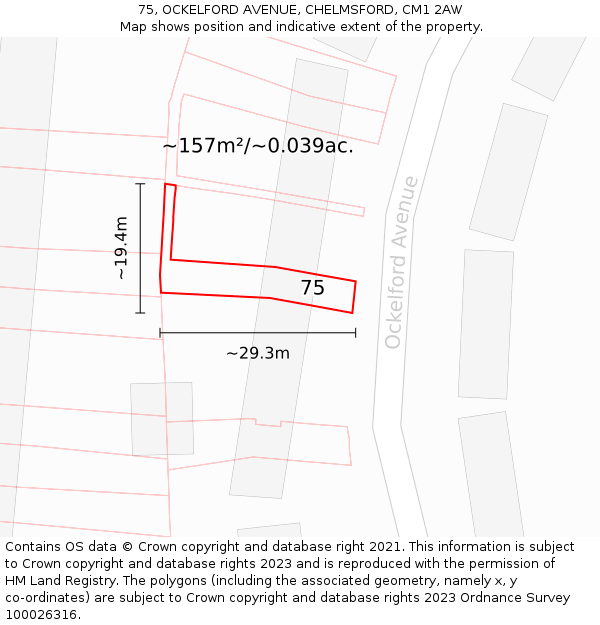 75, OCKELFORD AVENUE, CHELMSFORD, CM1 2AW: Plot and title map