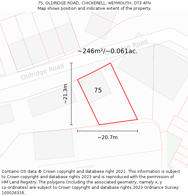 75, OLDRIDGE ROAD, CHICKERELL, WEYMOUTH, DT3 4FN: Plot and title map