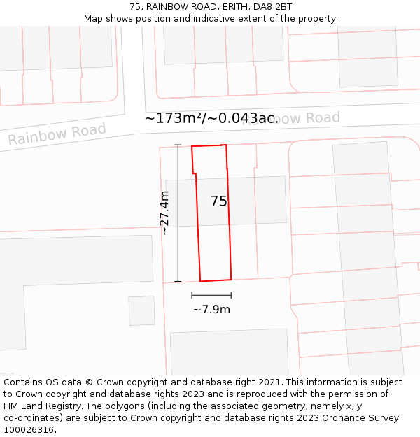 75, RAINBOW ROAD, ERITH, DA8 2BT: Plot and title map