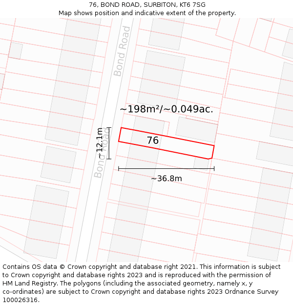 76, BOND ROAD, SURBITON, KT6 7SG: Plot and title map