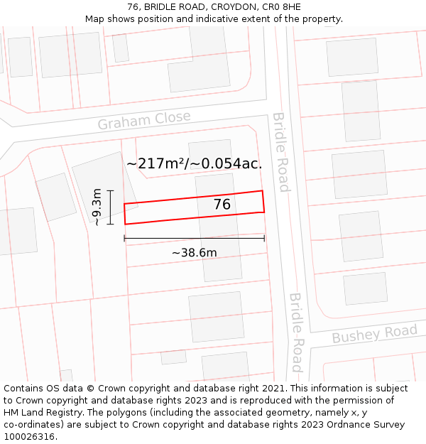 76, BRIDLE ROAD, CROYDON, CR0 8HE: Plot and title map