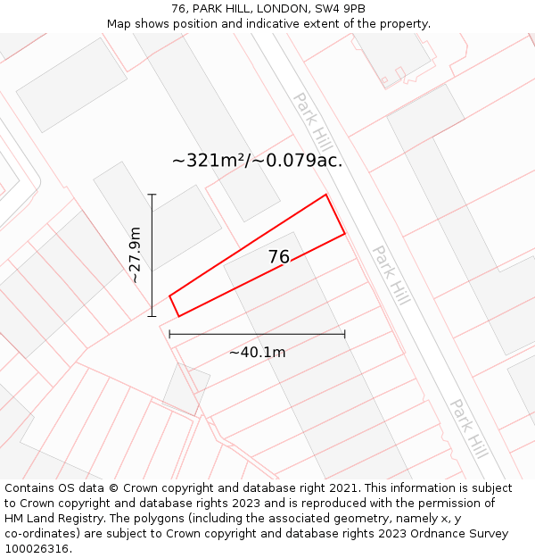 76, PARK HILL, LONDON, SW4 9PB: Plot and title map