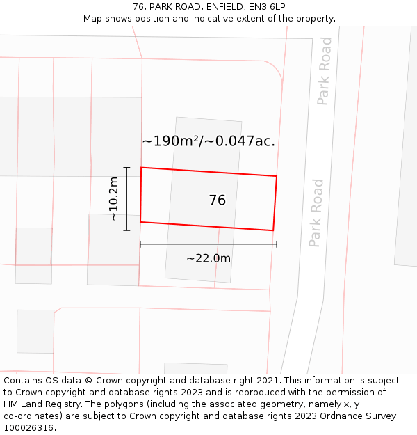76, PARK ROAD, ENFIELD, EN3 6LP: Plot and title map