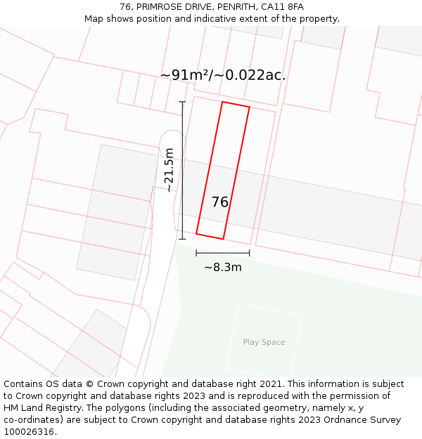 76, PRIMROSE DRIVE, PENRITH, CA11 8FA: Plot and title map