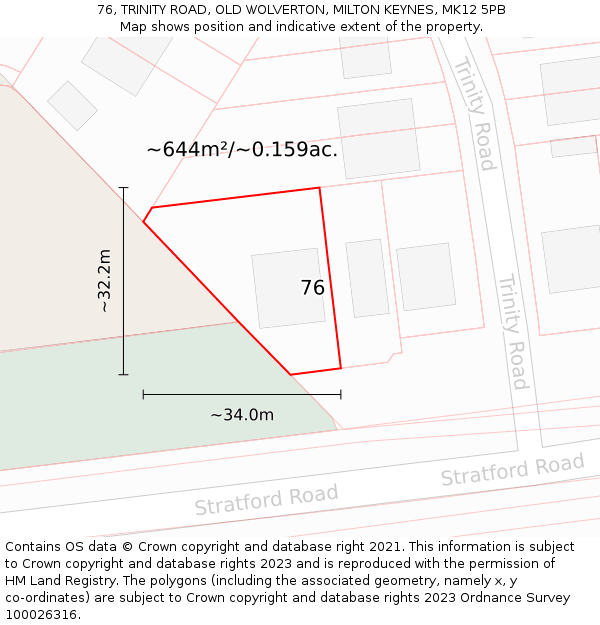76, TRINITY ROAD, OLD WOLVERTON, MILTON KEYNES, MK12 5PB: Plot and title map