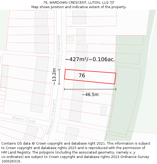 76, WARDOWN CRESCENT, LUTON, LU2 7JT: Plot and title map
