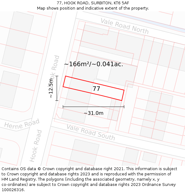 77, HOOK ROAD, SURBITON, KT6 5AF: Plot and title map