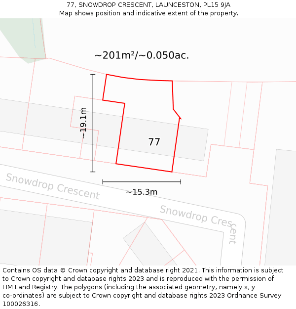 77, SNOWDROP CRESCENT, LAUNCESTON, PL15 9JA: Plot and title map