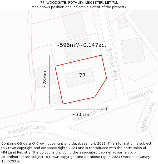 77, WOODGATE, ROTHLEY, LEICESTER, LE7 7LL: Plot and title map