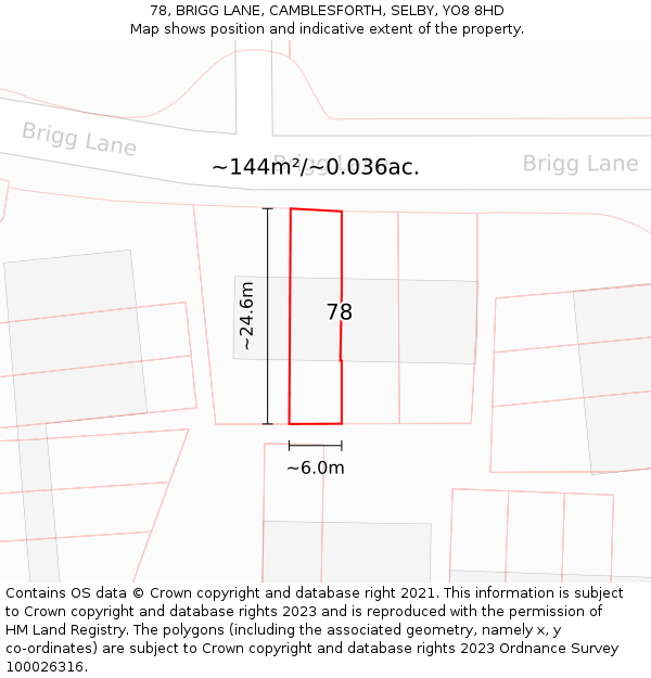 78, BRIGG LANE, CAMBLESFORTH, SELBY, YO8 8HD: Plot and title map