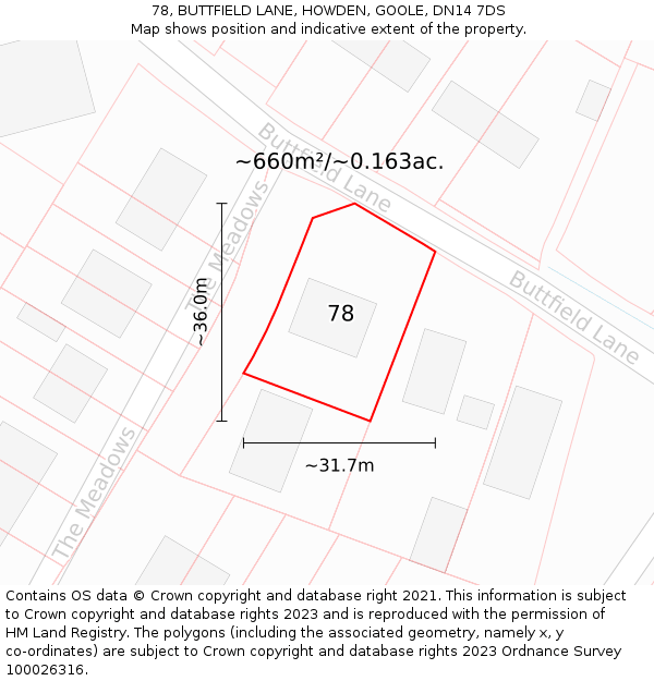 78, BUTTFIELD LANE, HOWDEN, GOOLE, DN14 7DS: Plot and title map