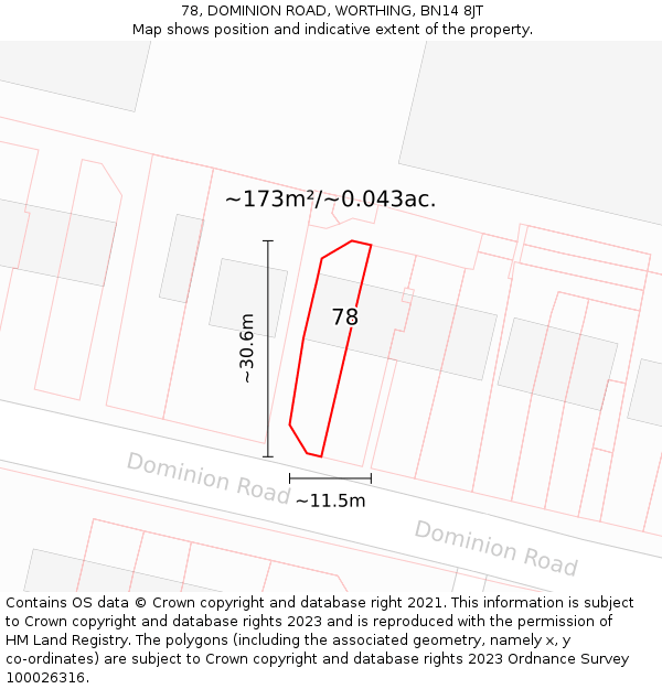 78, DOMINION ROAD, WORTHING, BN14 8JT: Plot and title map