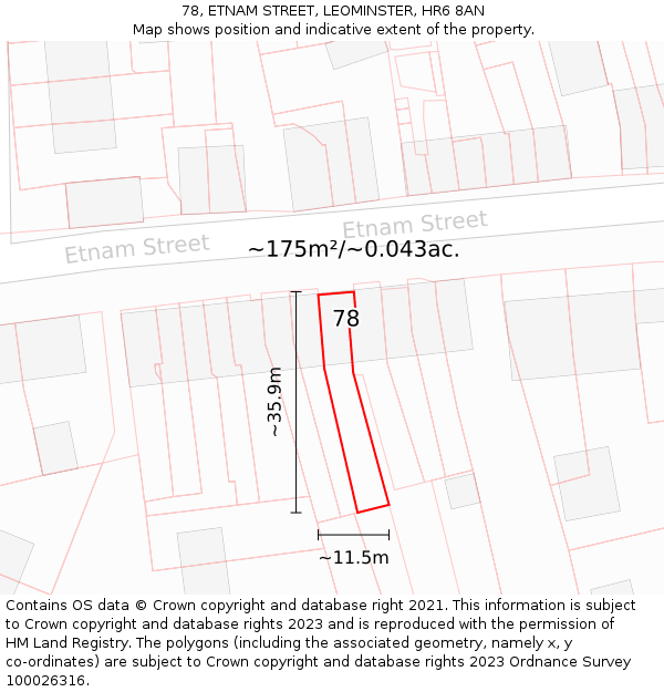 78, ETNAM STREET, LEOMINSTER, HR6 8AN: Plot and title map
