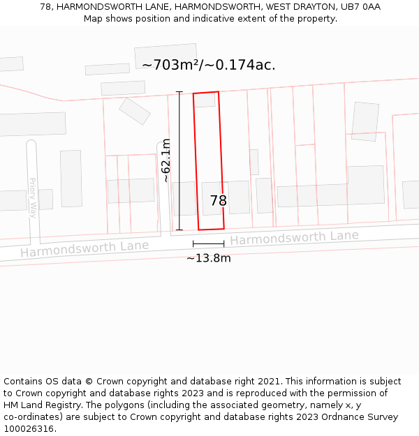 78, HARMONDSWORTH LANE, HARMONDSWORTH, WEST DRAYTON, UB7 0AA: Plot and title map