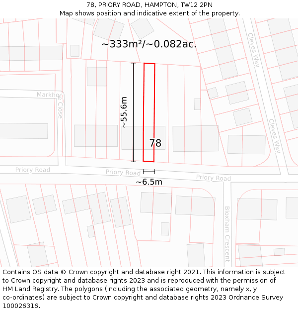 78, PRIORY ROAD, HAMPTON, TW12 2PN: Plot and title map
