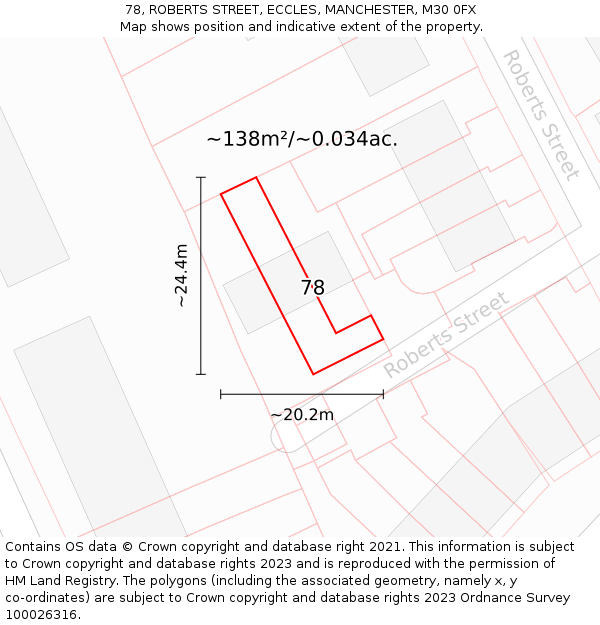 78, ROBERTS STREET, ECCLES, MANCHESTER, M30 0FX: Plot and title map