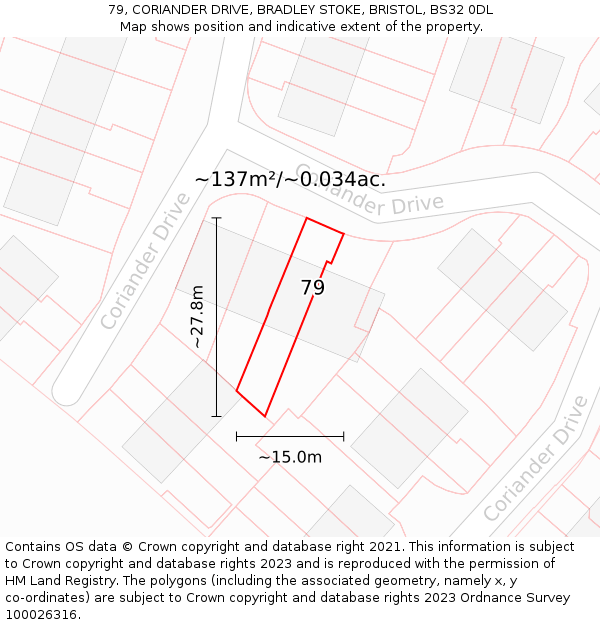 79, CORIANDER DRIVE, BRADLEY STOKE, BRISTOL, BS32 0DL: Plot and title map
