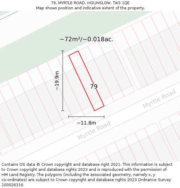 79, MYRTLE ROAD, HOUNSLOW, TW3 1QE: Plot and title map