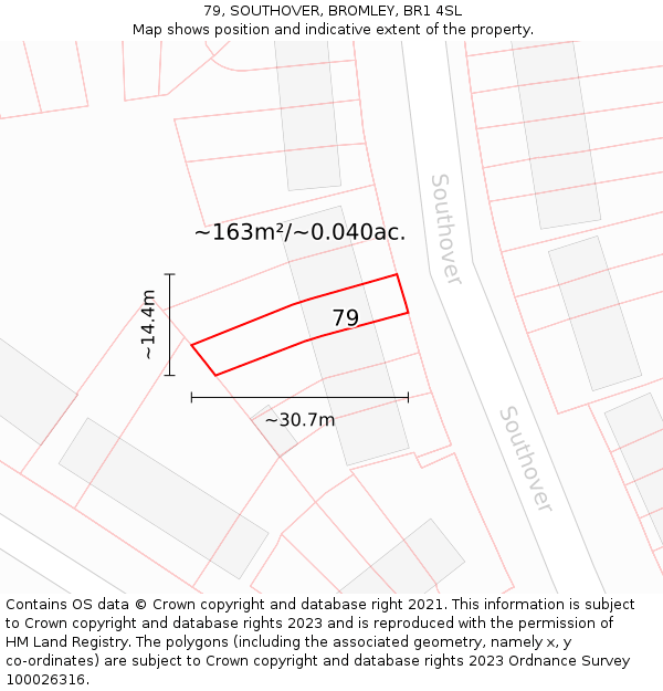 79, SOUTHOVER, BROMLEY, BR1 4SL: Plot and title map