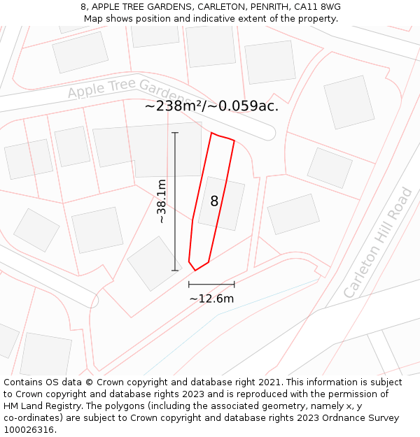 8, APPLE TREE GARDENS, CARLETON, PENRITH, CA11 8WG: Plot and title map