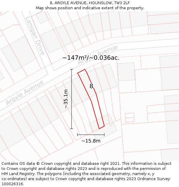 8, ARGYLE AVENUE, HOUNSLOW, TW3 2LF: Plot and title map