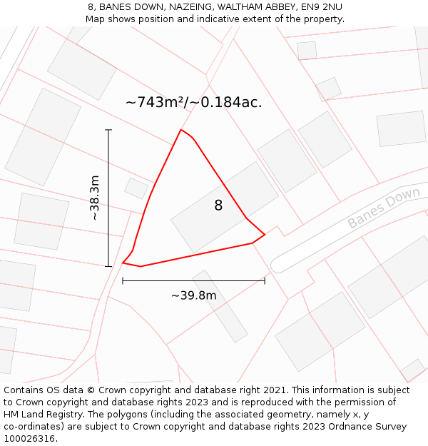 8, BANES DOWN, NAZEING, WALTHAM ABBEY, EN9 2NU: Plot and title map