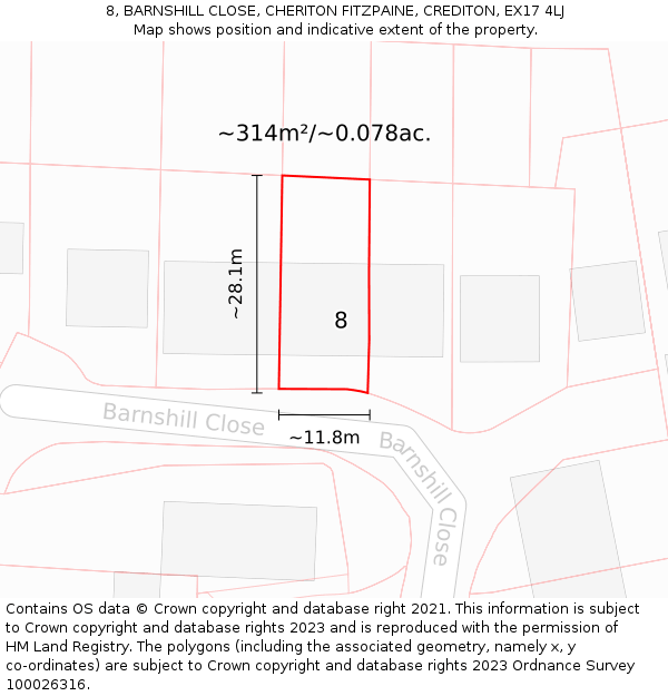 8, BARNSHILL CLOSE, CHERITON FITZPAINE, CREDITON, EX17 4LJ: Plot and title map