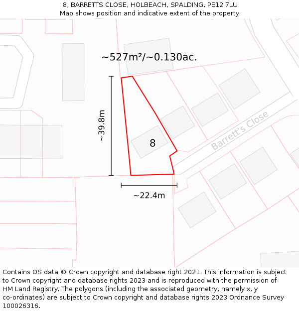 8, BARRETTS CLOSE, HOLBEACH, SPALDING, PE12 7LU: Plot and title map