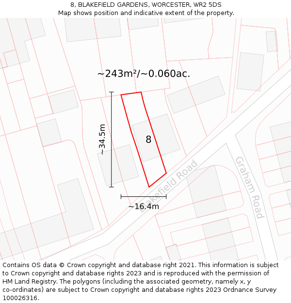 8, BLAKEFIELD GARDENS, WORCESTER, WR2 5DS: Plot and title map