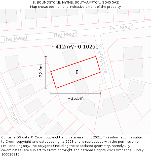 8, BOUNDSTONE, HYTHE, SOUTHAMPTON, SO45 5AZ: Plot and title map