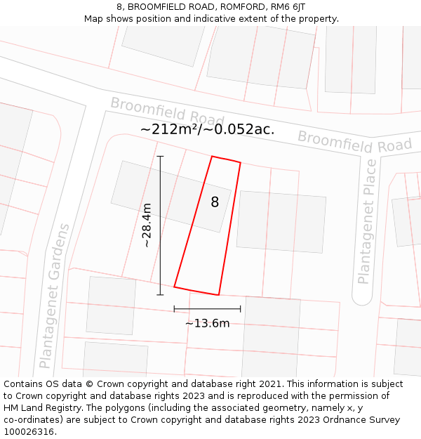 8, BROOMFIELD ROAD, ROMFORD, RM6 6JT: Plot and title map
