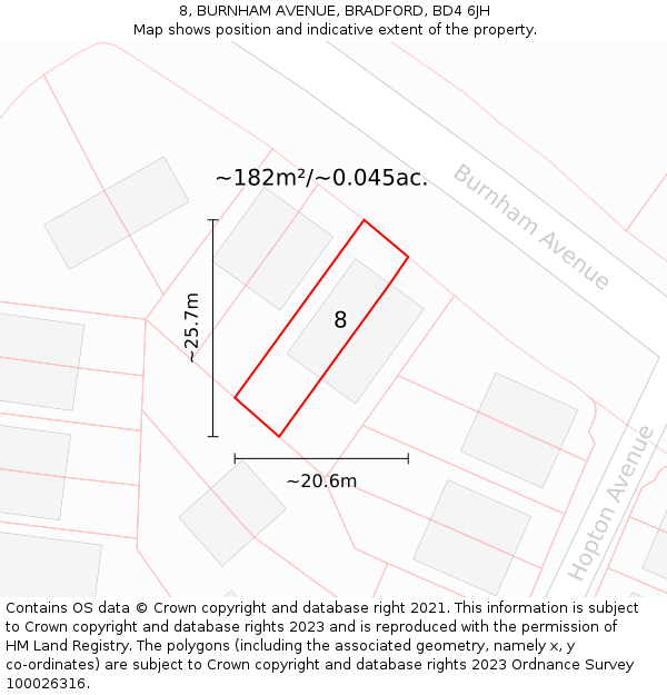 8, BURNHAM AVENUE, BRADFORD, BD4 6JH: Plot and title map
