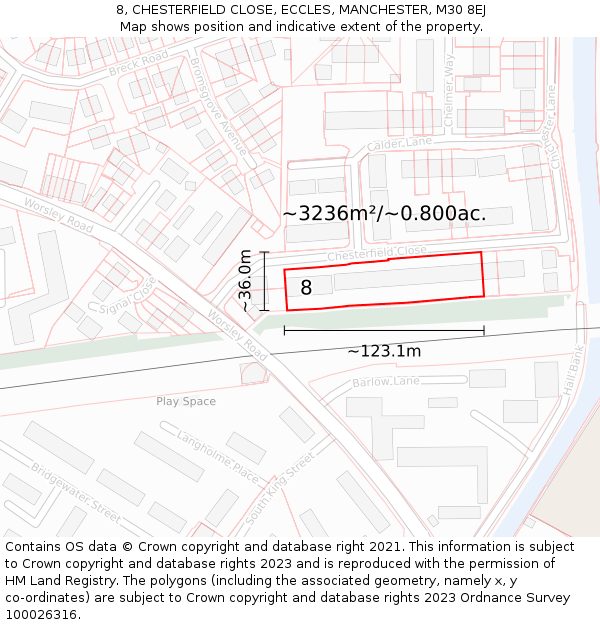 8, CHESTERFIELD CLOSE, ECCLES, MANCHESTER, M30 8EJ: Plot and title map