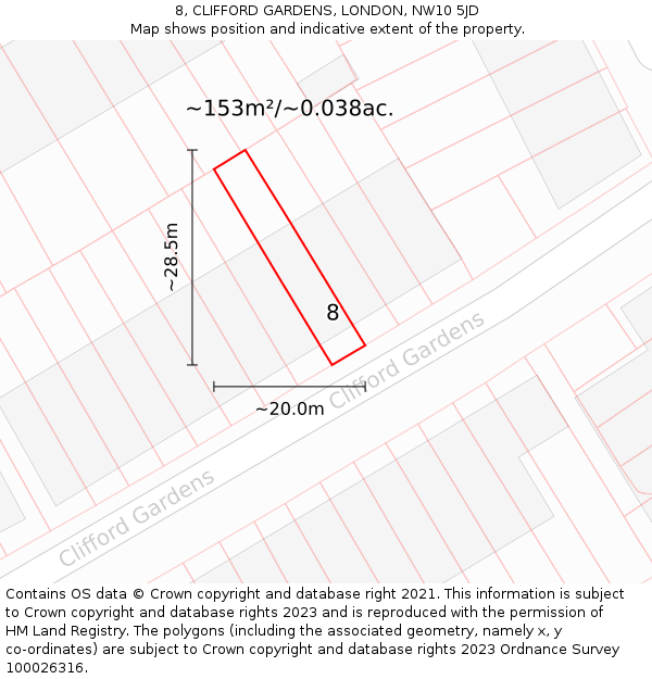 8, CLIFFORD GARDENS, LONDON, NW10 5JD: Plot and title map