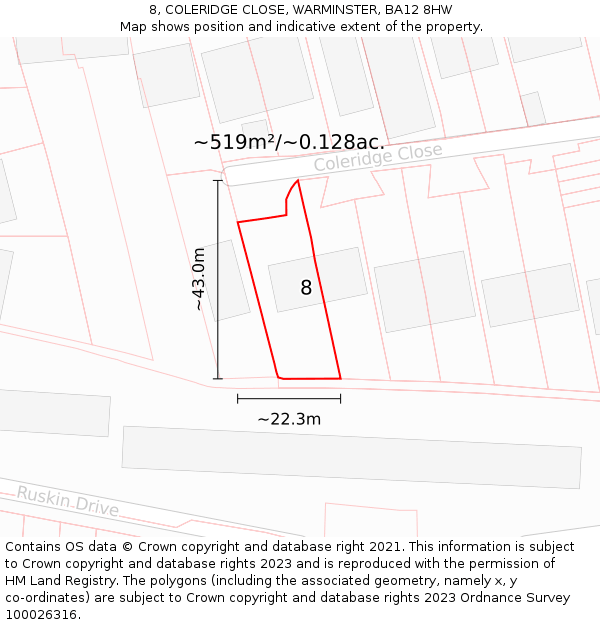 8, COLERIDGE CLOSE, WARMINSTER, BA12 8HW: Plot and title map