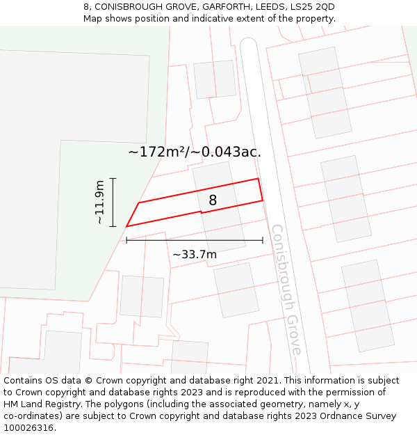 8, CONISBROUGH GROVE, GARFORTH, LEEDS, LS25 2QD: Plot and title map