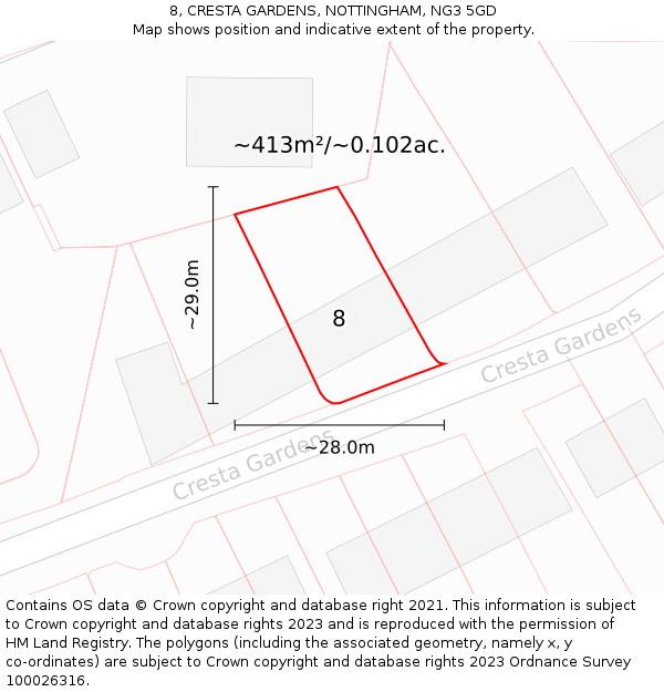 8, CRESTA GARDENS, NOTTINGHAM, NG3 5GD: Plot and title map