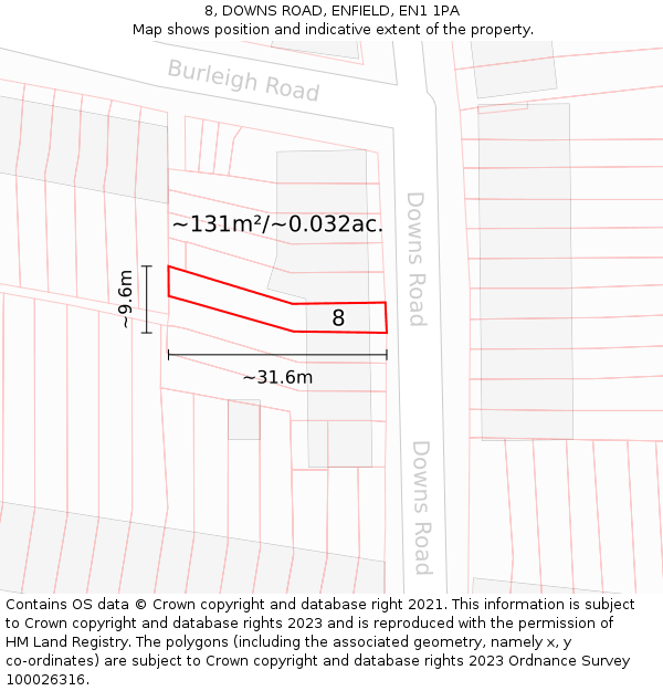 8, DOWNS ROAD, ENFIELD, EN1 1PA: Plot and title map